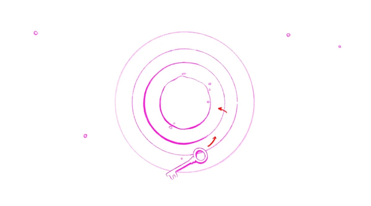 Storyboard panel 4: The key circles the core